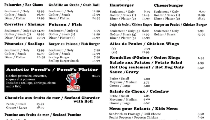 Ponzis Restaurant Fish Market Menu - Bouctouche