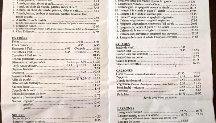 Restaurant Pastali -  Menu - Amqui